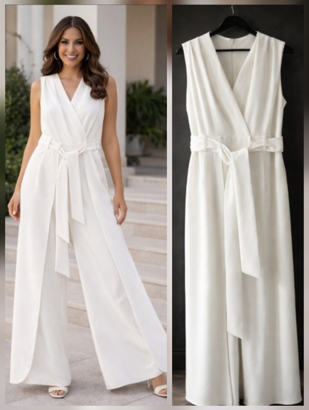 SHELBY & PALMER White WIDE LEG Belted Sleeveless JUMPSUIT Resort Women's Size 14